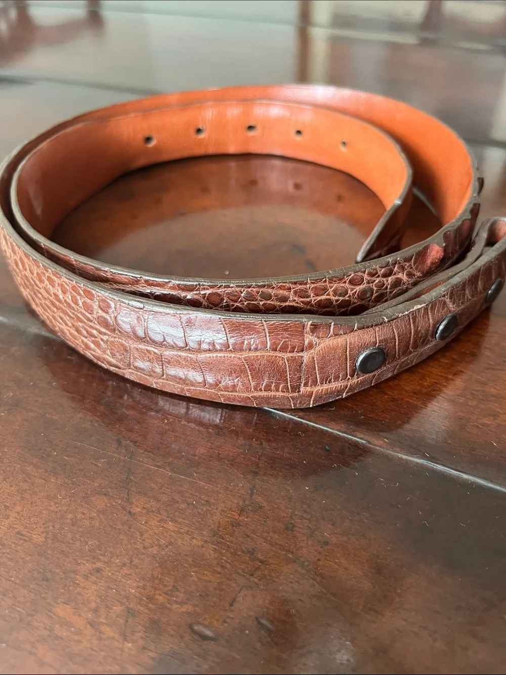 W. Kleinberg Croc-Embossed Leather Belt in Chestnut Brown